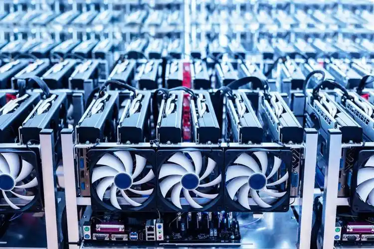 Aerial view of a large-scale green mining farm, powered by renewable energy.