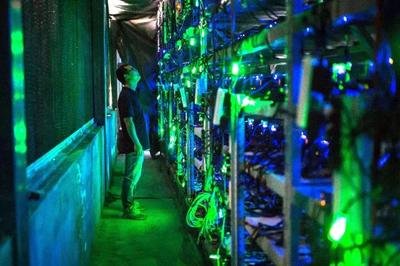 A large-scale mining farm with multiple mining rigs operating